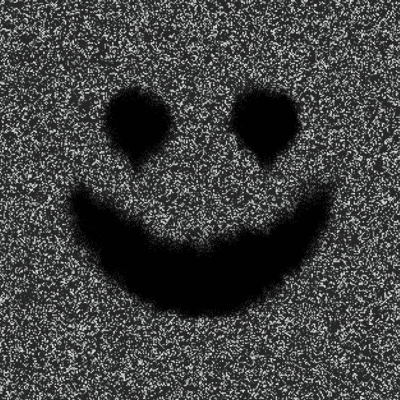 a black and white smiley face is on a black background .