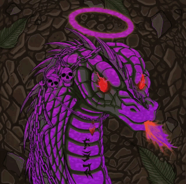 a purple dragon with skulls on its head and a halo on its head