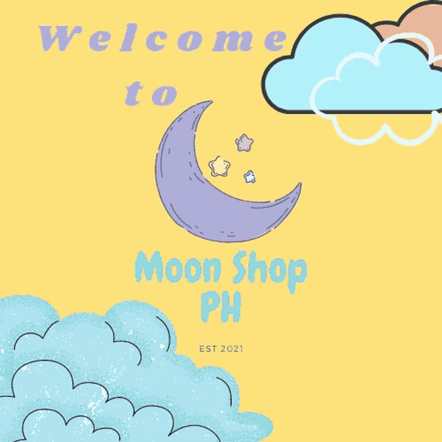 a yellow background with a purple crescent moon and the words welcome to moon shop ph