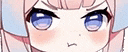 a close up of a girl 's face with pink hair and blue eyes making an angry face .