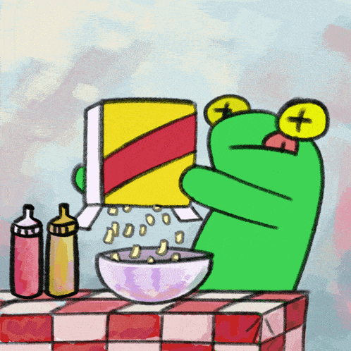 a frog is pouring cereal into a bowl on a table