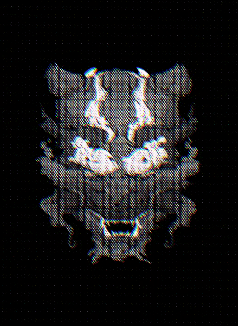 a pixelated image of a skull and crossbones with glowing eyes