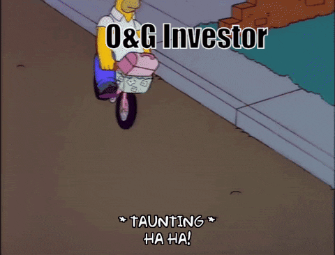 a cartoon of homer simpson riding a bike with a girl with the words o & g investor tech bro taunting ha ha