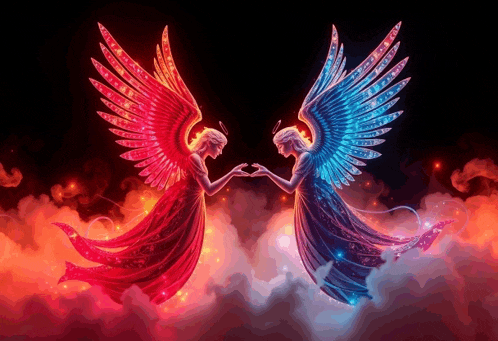 a painting of two angels with red and blue wings standing next to each other