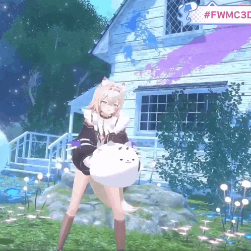 a girl in a video game holding a cat in front of a white house