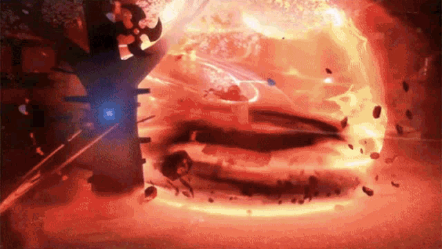 a video game character is being destroyed by a giant fireball .
