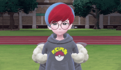 a boy with red hair and glasses is wearing a sweatshirt that says pokeball on the front