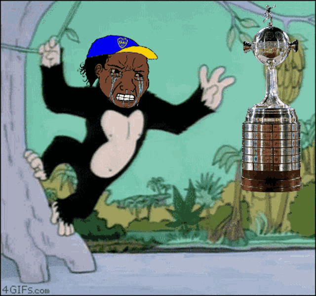 a cartoon of a monkey wearing a blue and yellow cap with the word boca on it