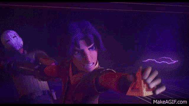 a purple lightning bolt is coming out of a purple box on makeagif.com
