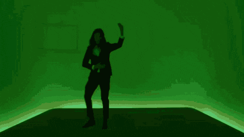 a silhouette of two women walking in a room