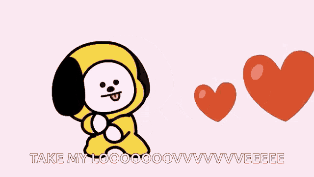 a cartoon of a dog with hearts coming out of its mouth and the words take my loooo