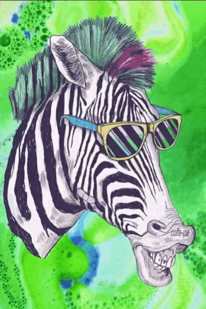 a zebra wearing sunglasses and a mohawk has the word coffe-up on its nose