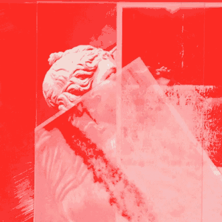 a blue background with a statue of a woman in the middle