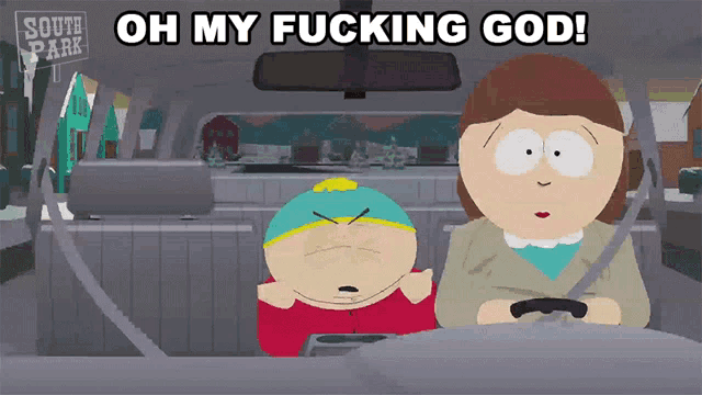 a cartoon scene from south park with a woman driving a car