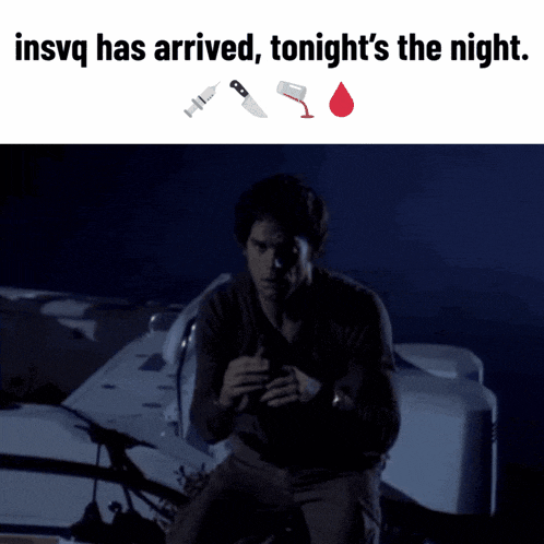 a man sitting on a boat with the words insvg has arrived tonight 's the night above him