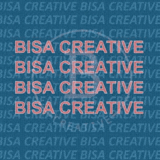 a blue background with the word bisa creative in red