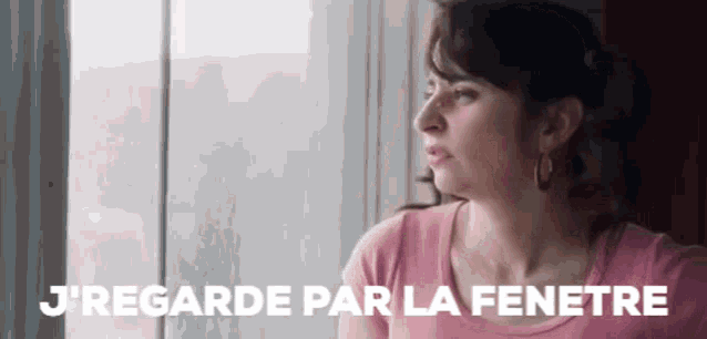 a woman in a pink shirt is looking out a window and says `` j ' regarde par la fenêtre '' .