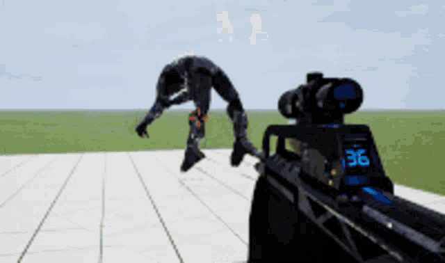a sniper rifle with the number 36 on the front of it