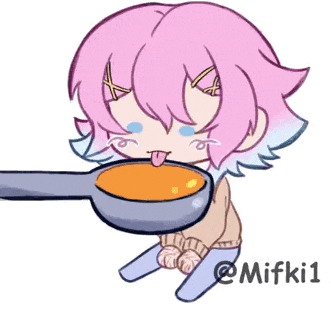 a girl with pink hair is holding a pan of soup .