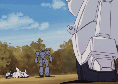 a cartoon drawing of a robot standing in a field with trees in the background