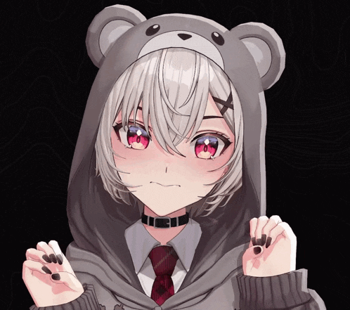 a girl with white hair and red eyes wearing a teddy bear hood