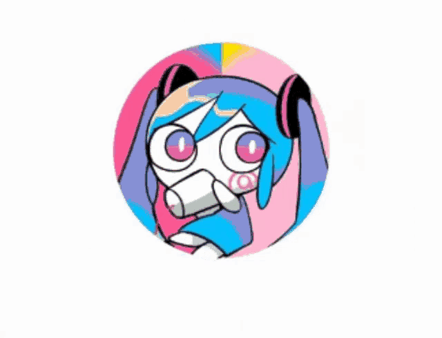 a cartoon drawing of a girl wearing headphones and a gas mask on a blue and yellow background