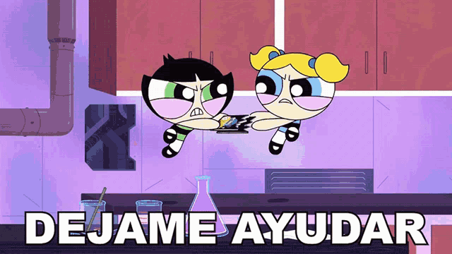 a cartoon of buttercup and bubbles with the words " dejame ayudar " on the bottom