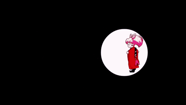 a little girl in a red kimono is looking through a bullet hole