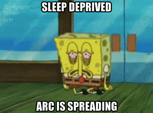 a cartoon of spongebob laying on the floor with the caption sleep deprived arc is spreading