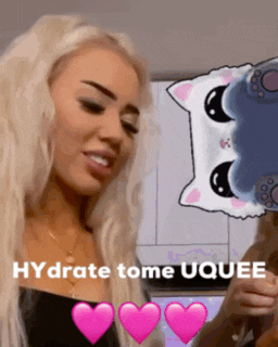 a woman with blonde hair is standing next to a cartoon cat and says hydrate tome uqeee
