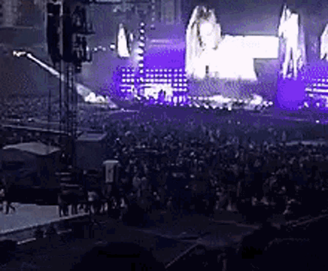 a crowd of people are watching a concert in a stadium with purple lights .