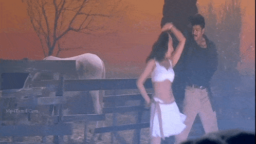a man and a woman are dancing in front of a horse in a field .