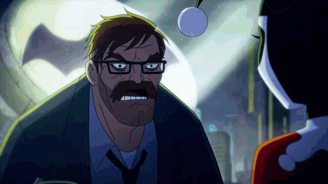 a man with glasses and a mustache is talking to a harley quinn