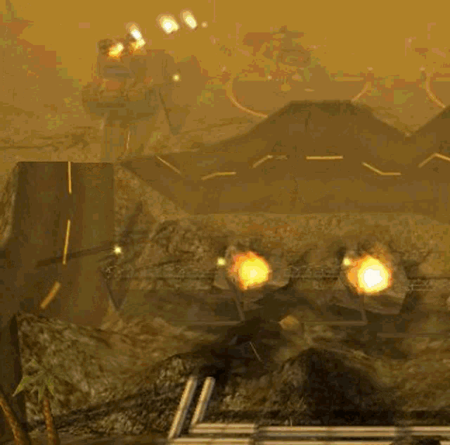 a computer generated image of a desert scene with a helicopter in the foreground