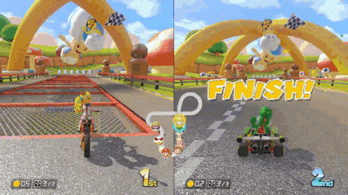 a video game shows a motorcycle and a kart with the words finish on the bottom