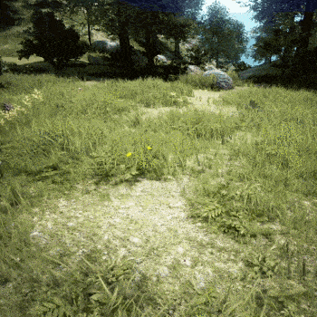 a lush green field with trees and rocks surrounding it