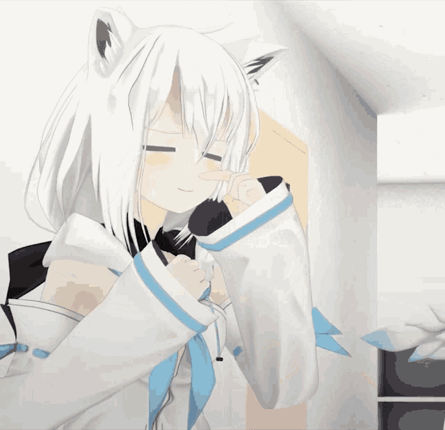 a 3d anime girl with white hair and a blue ribbon around her neck