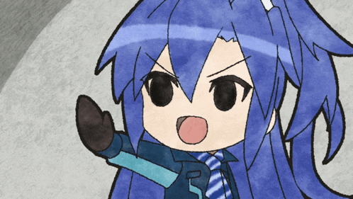 a cartoon character with blue hair and a tie