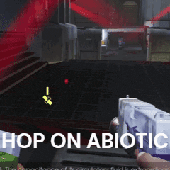 a person holding a gun in a video game with the words hop on abiotic