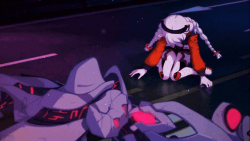 a cartoon drawing of a girl kneeling next to a robot with the letter h on the front