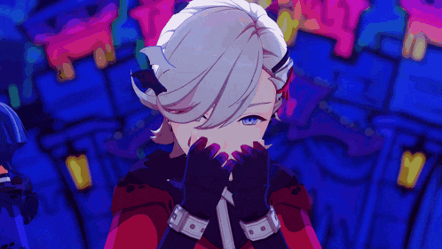 a girl with white hair and blue eyes covering her face with her hands