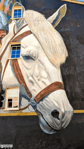 a painting of a white horse with a bridle and a window