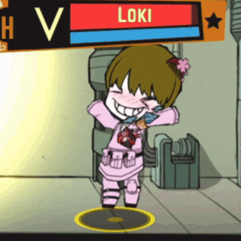 a cartoon character with a flower in her hair and the name loki