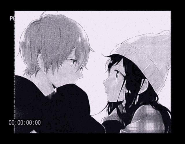 a black and white drawing of a boy and a girl with the time 00 00 00 00 displayed