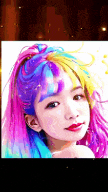 a painting of a girl with rainbow hair and red lips