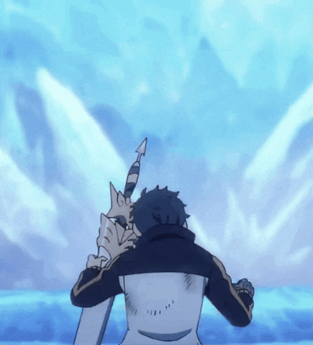 a man is holding a sword in front of a blue background
