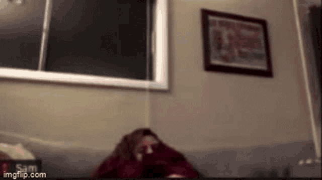 a blurry picture of a person sitting on a couch with a sign that says sam