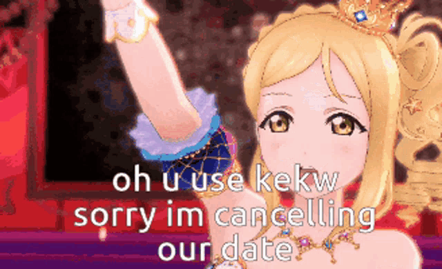 a pixel art of a girl with the words oh u use kekw sorry im cancelling our date on the bottom