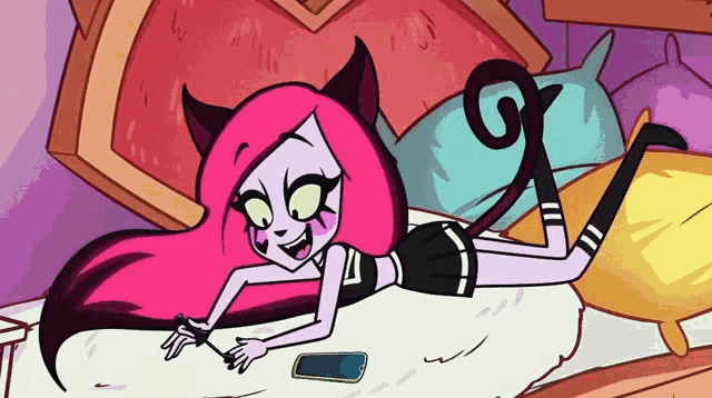 a cartoon character with pink hair is laying on a bed with a phone