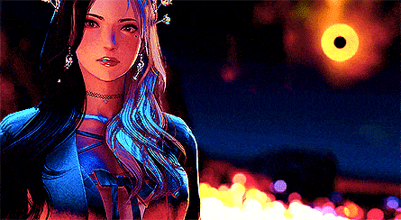 a woman with blue hair is standing in front of a fire